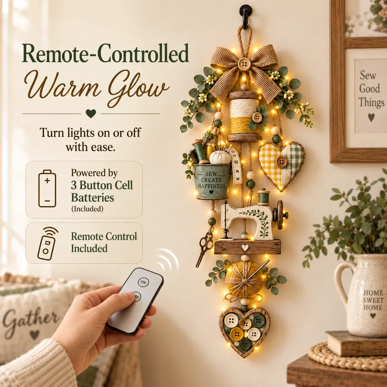 Remote controlled warm LED sewing hanging ornament with button cell batteries