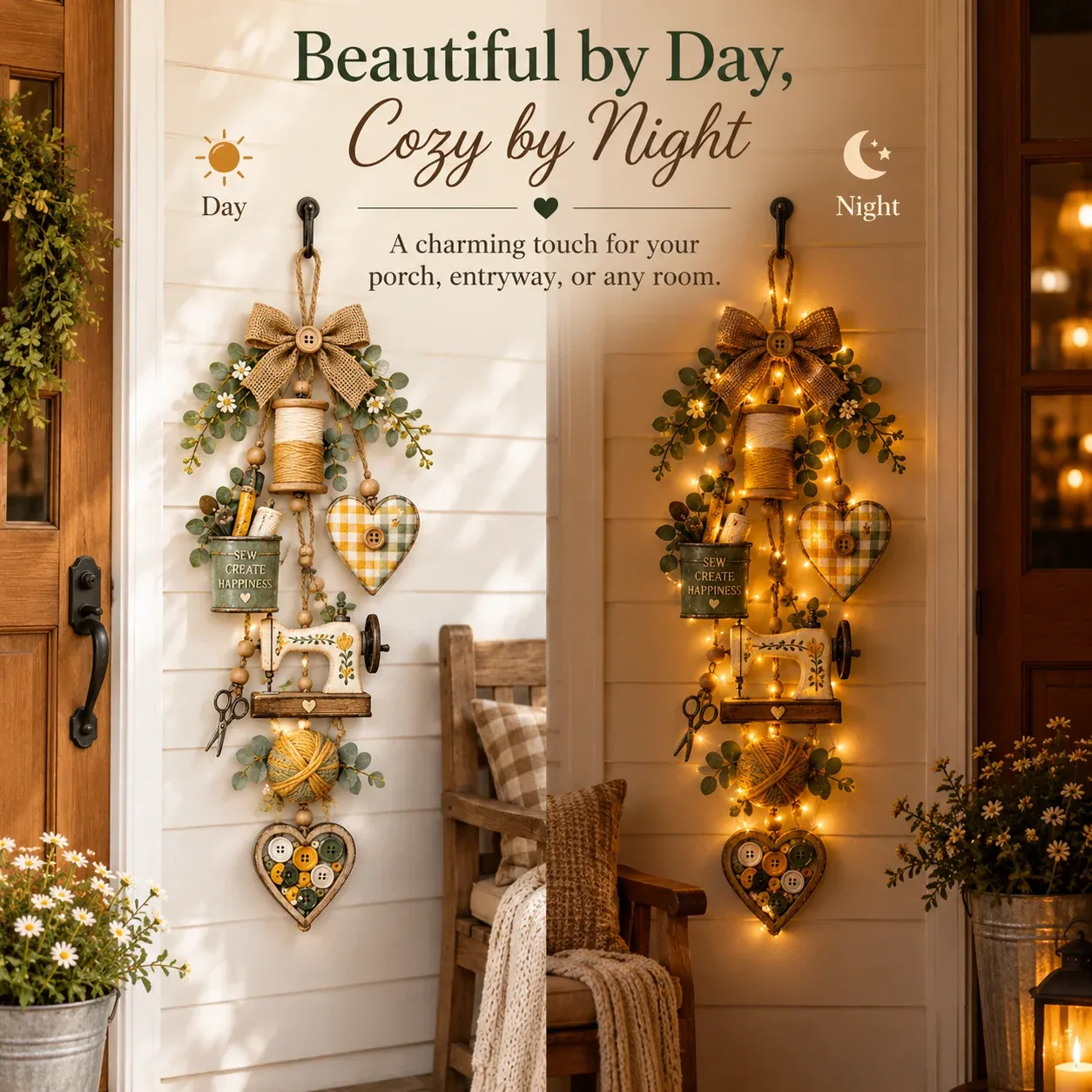 Sewing themed hanging ornament shown by day and glowing at night