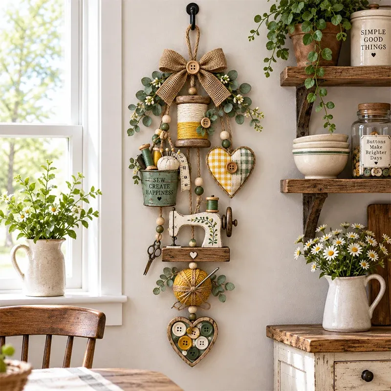 Rustic sewing themed hanging ornament in a farmhouse sewing room