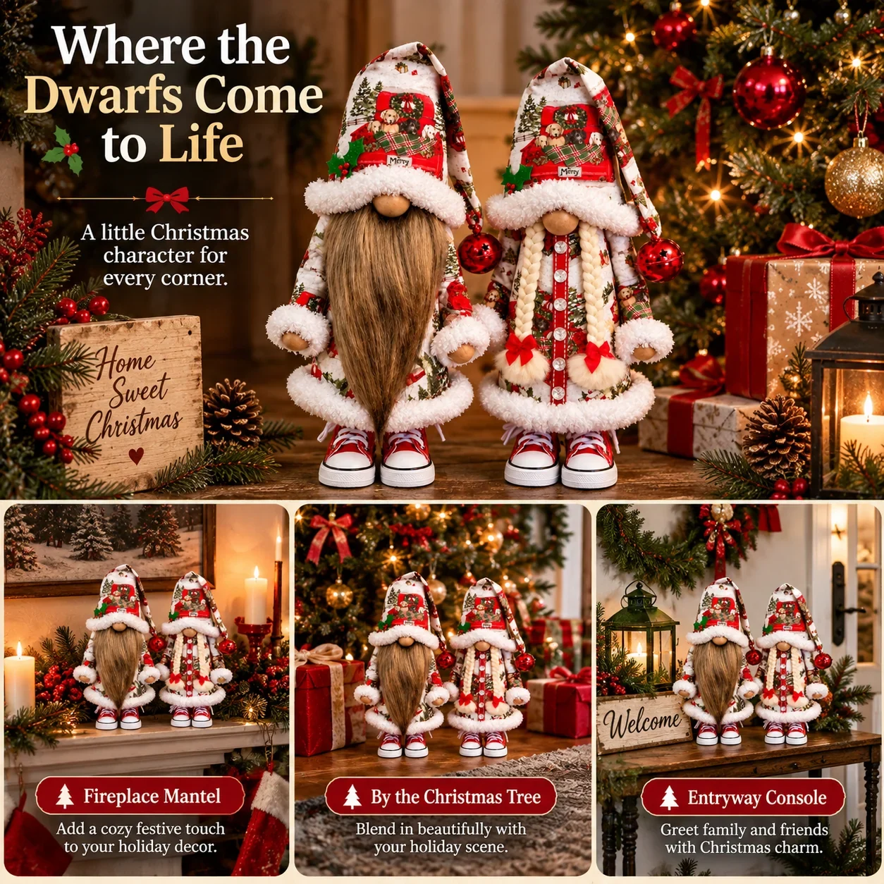 Christmas dwarf pair displayed by mantel tree and entryway
