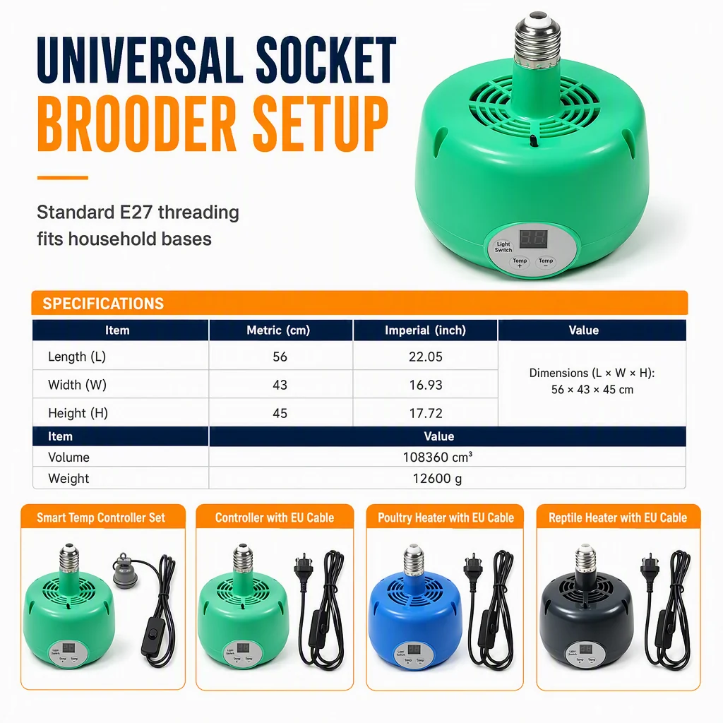 Compact E27 brooder heater dimensions
