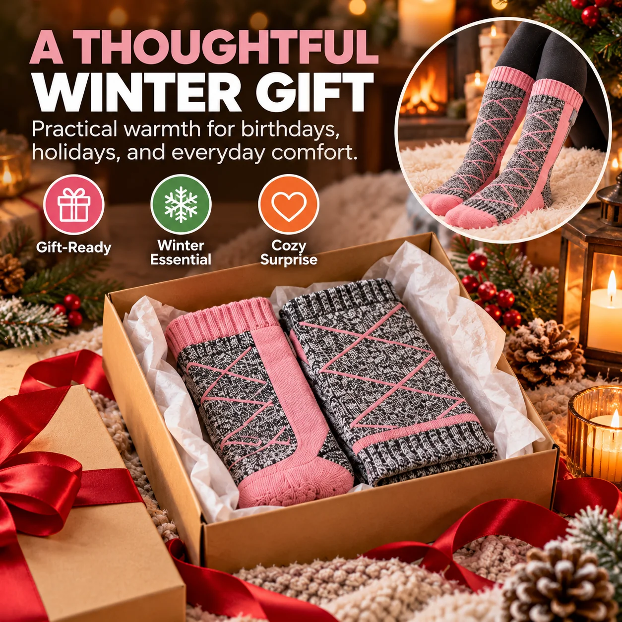 ThermoWarm rechargeable heated socks presented as a winter gift