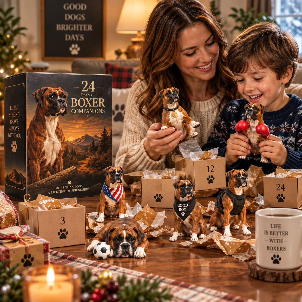 Family opening Boxer dog collectible surprises together