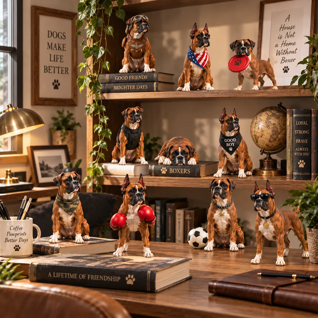Boxer dog figurines displayed on desk and bookshelf