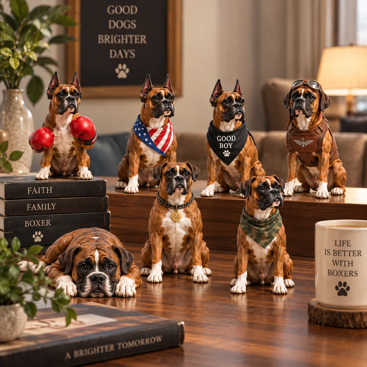 Boxer dog collectible figurines displayed as home decor