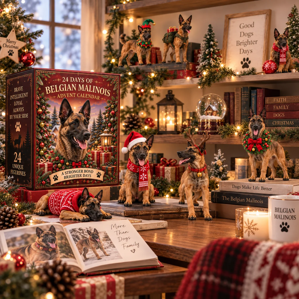 Belgian Malinois figurines displayed on a desk and bookshelf