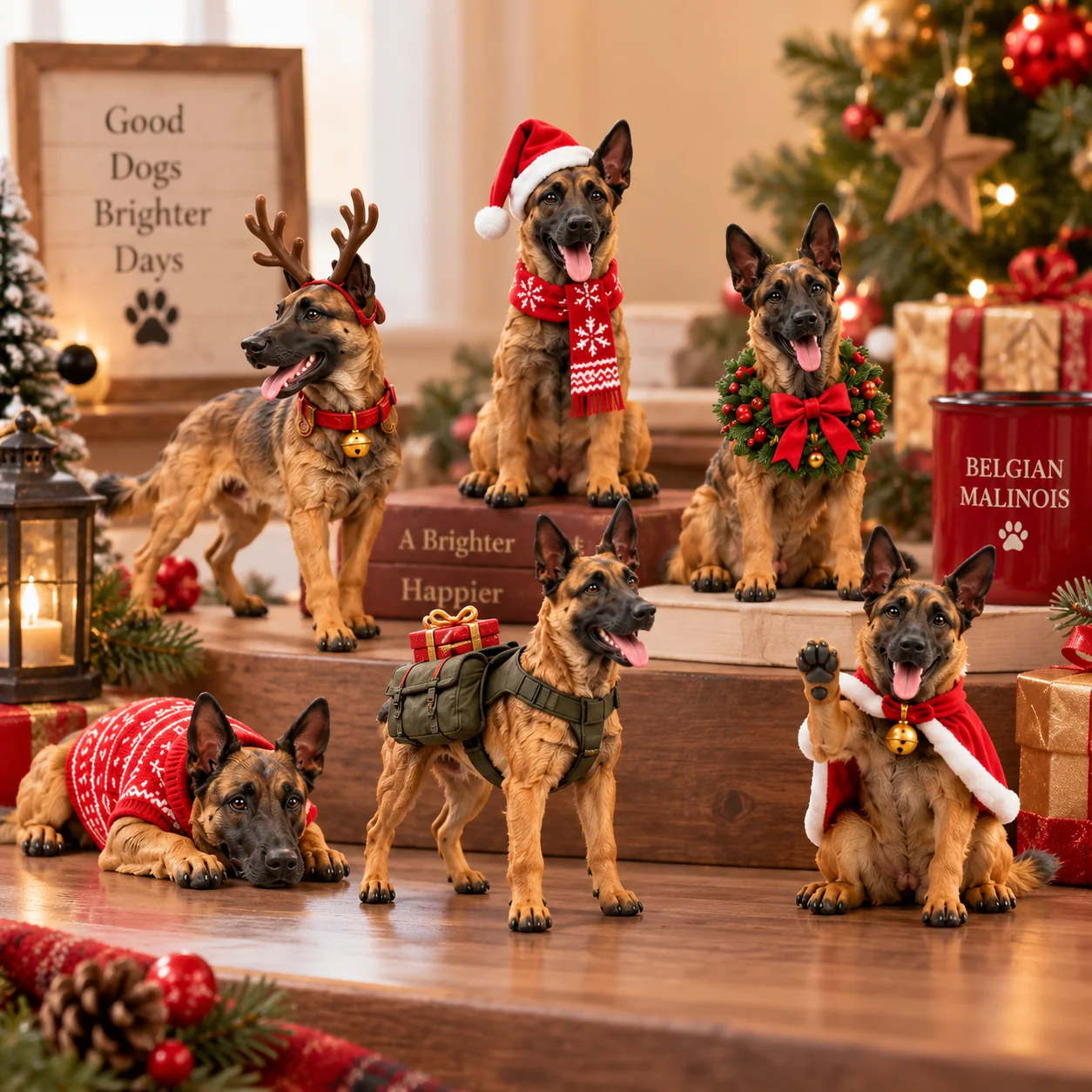 Belgian Malinois collectible figurines displayed in a warm holiday setting