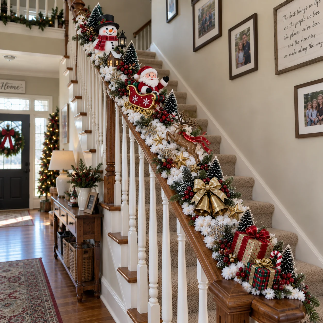 Christmas staircase decoration during daytime with lights off