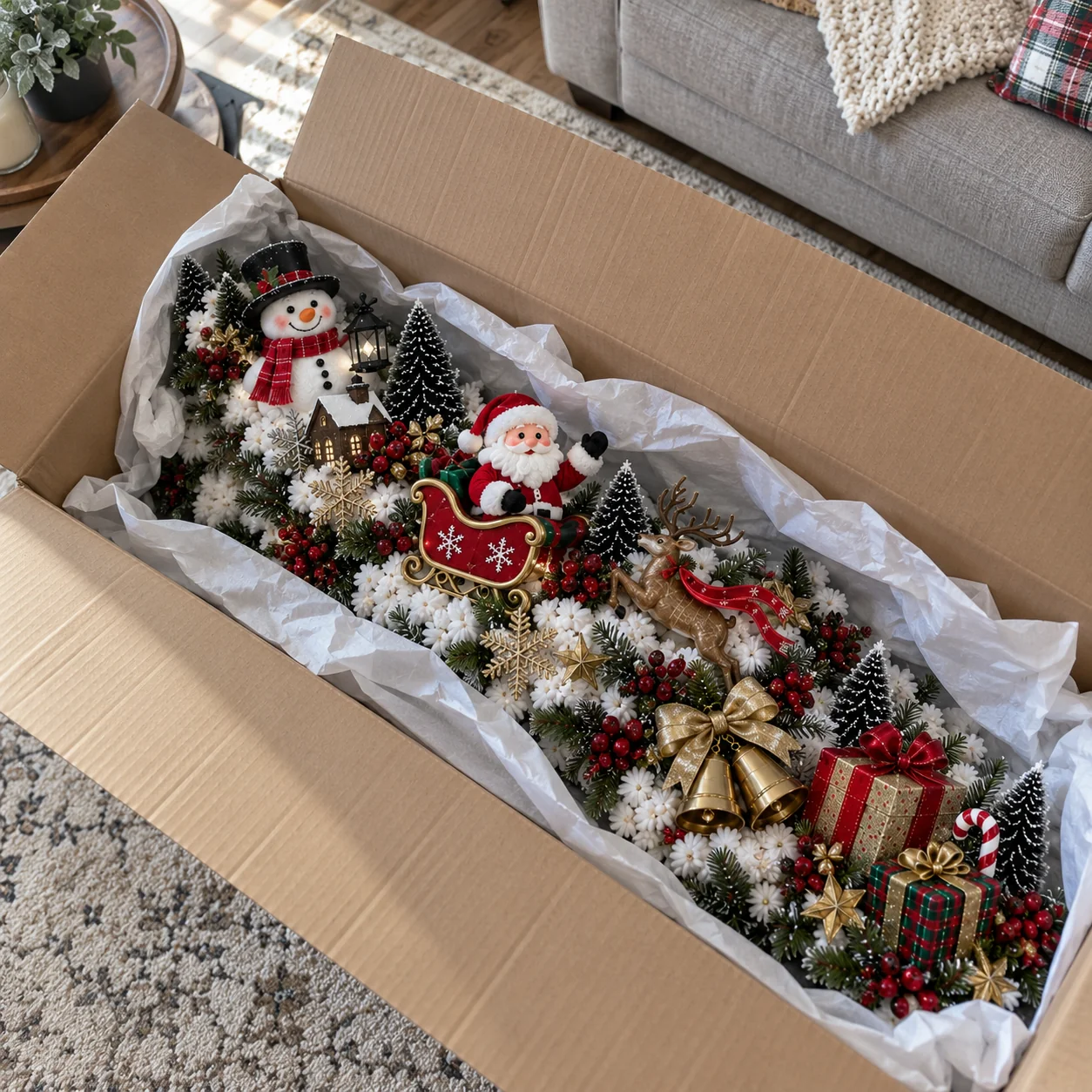 Customer adjusting Christmas staircase decoration by hand