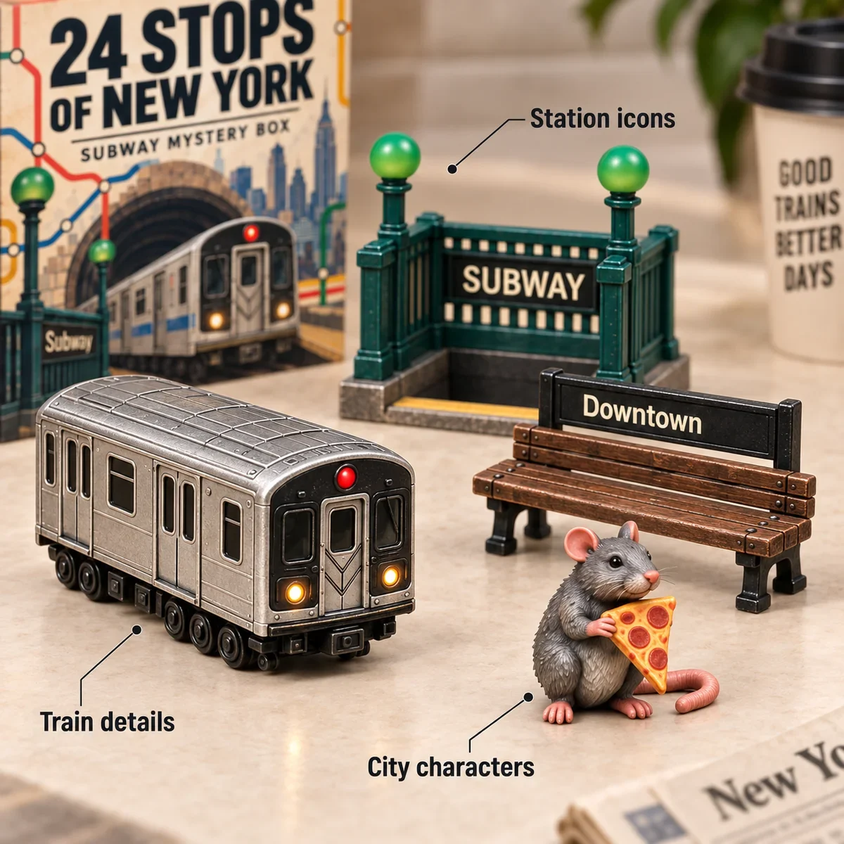 Close-up visualization of a subway car, green entrance, Downtown bench and pizza rat miniature