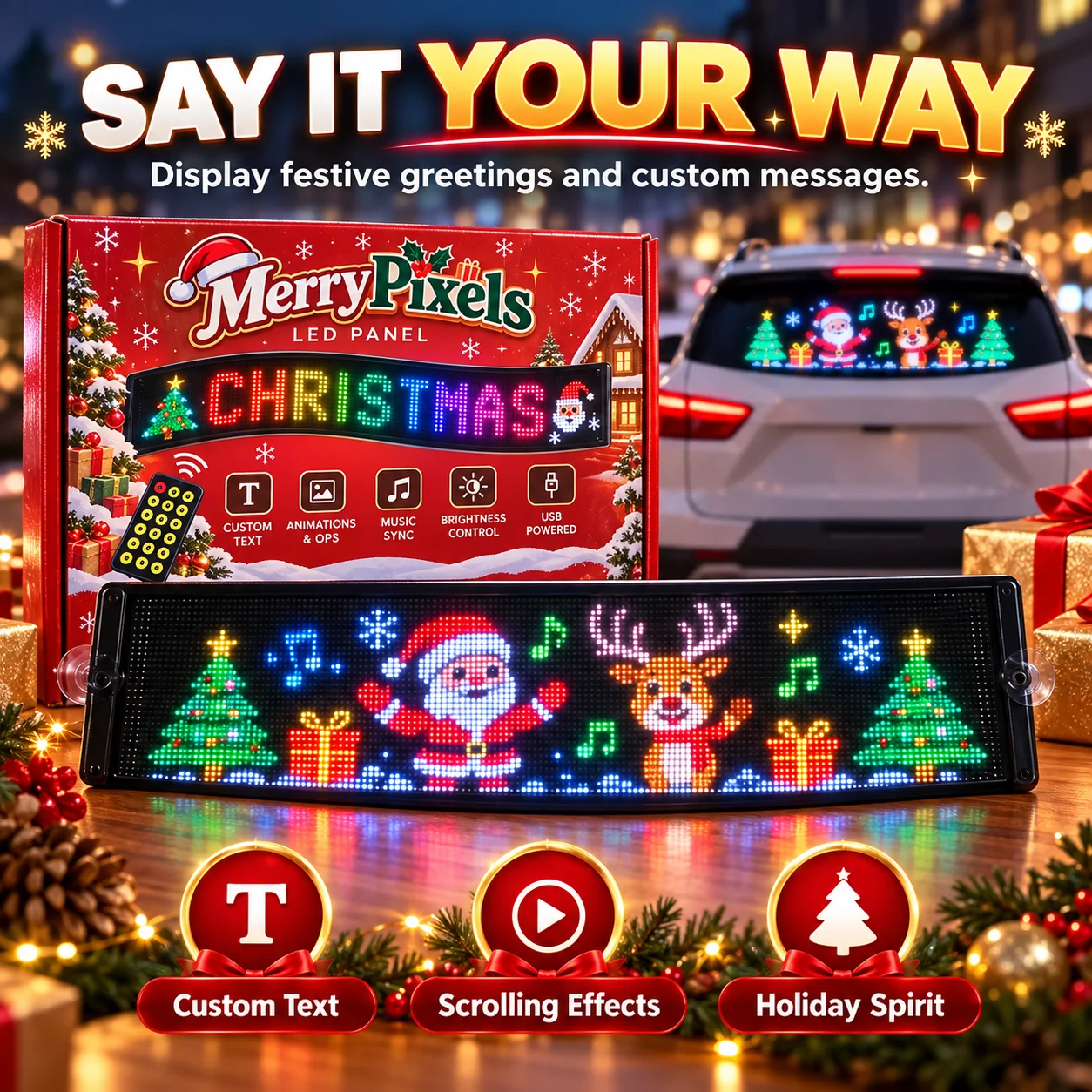 custom text and scrolling effects Christmas LED car panel
