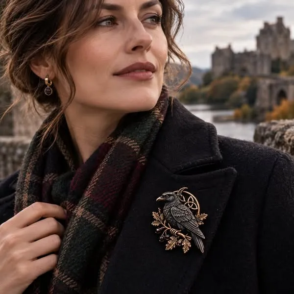 Bronze-tone crescent raven brooch worn on a black wool coat with a tartan scarf