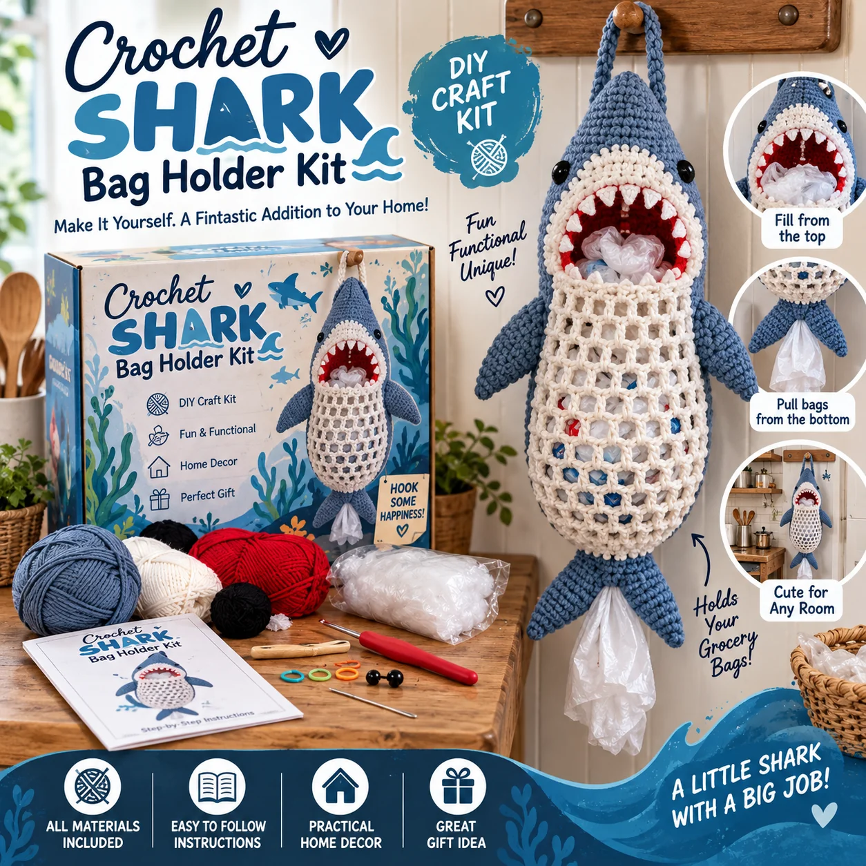 Shark Crochet Bag Holder DIY Kit