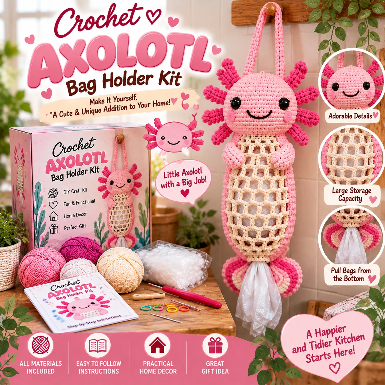 Pink Axolotl Crochet Bag Holder DIY Kit
