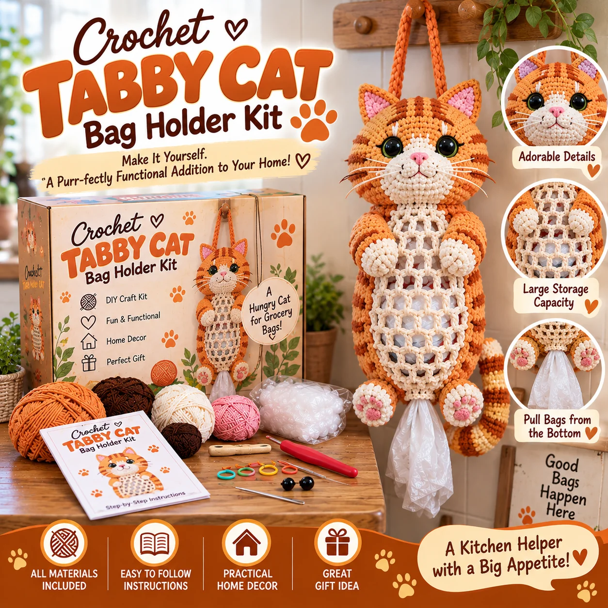 Orange Tabby Cat Crochet Bag Holder DIY Kit