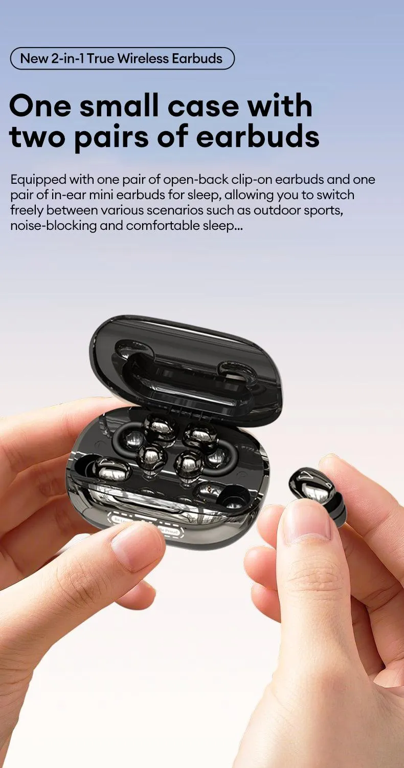 GT630S Bluetooth Wireless Earbuds with Chargeable Power Bank Case, 4 Earbuds, Clip-On Design, Noise Cancellation, Water Resistant, Reverse Phone Charging, Audio for Sports & Sleep, Android & iOS Compatible