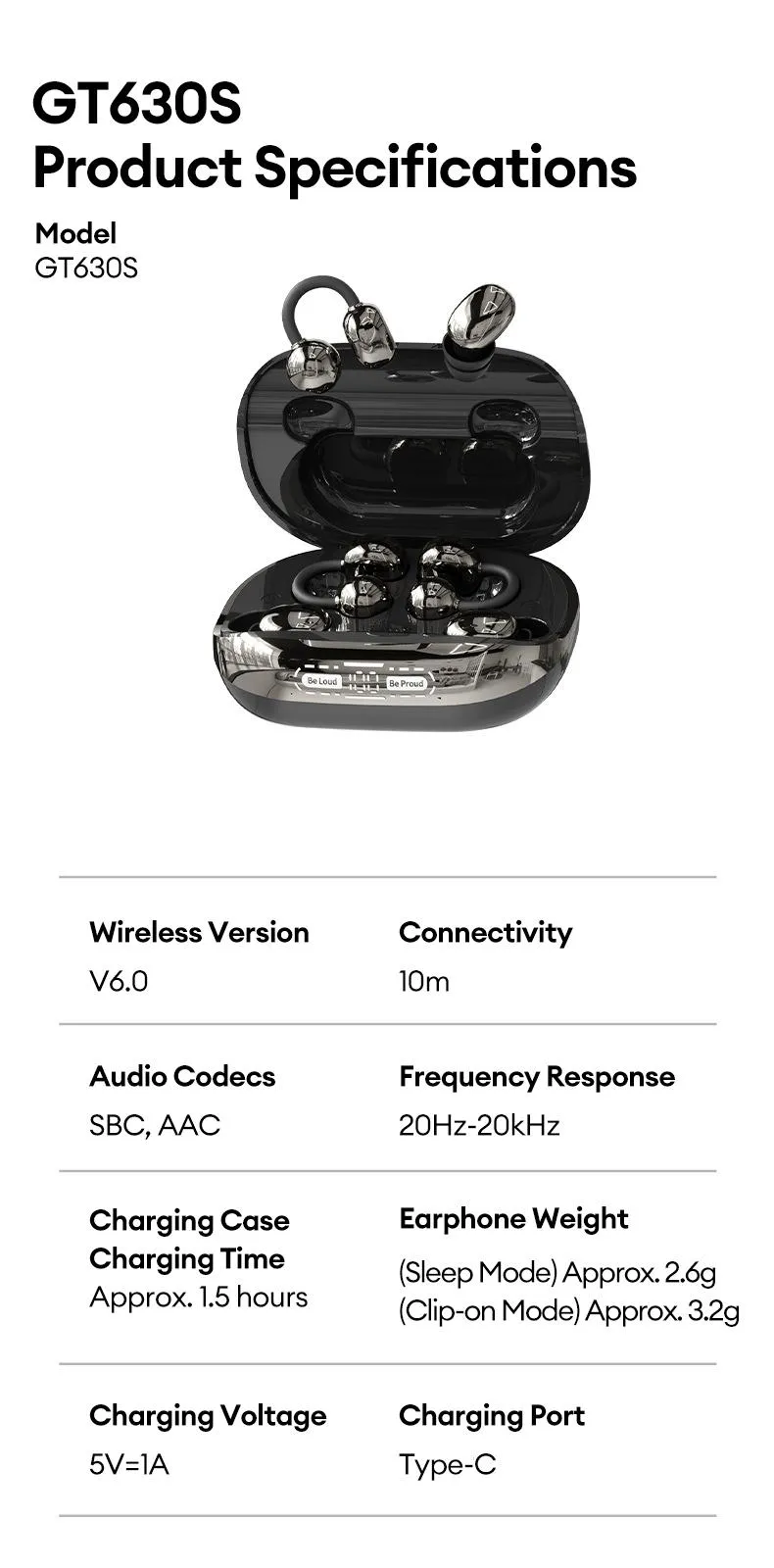 GT630S Bluetooth Wireless Earbuds with Chargeable Power Bank Case, 4 Earbuds, Clip-On Design, Noise Cancellation, Water Resistant, Reverse Phone Charging, Audio for Sports & Sleep, Android & iOS Compatible