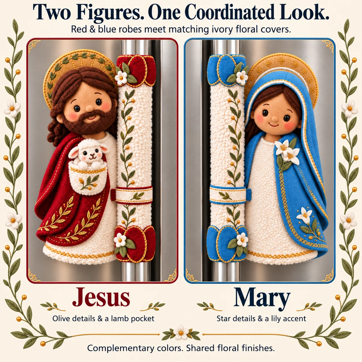 Jesus design with olive embroidery and a lamb pocket, and Mary design with white lilies and a star-embroidered halo