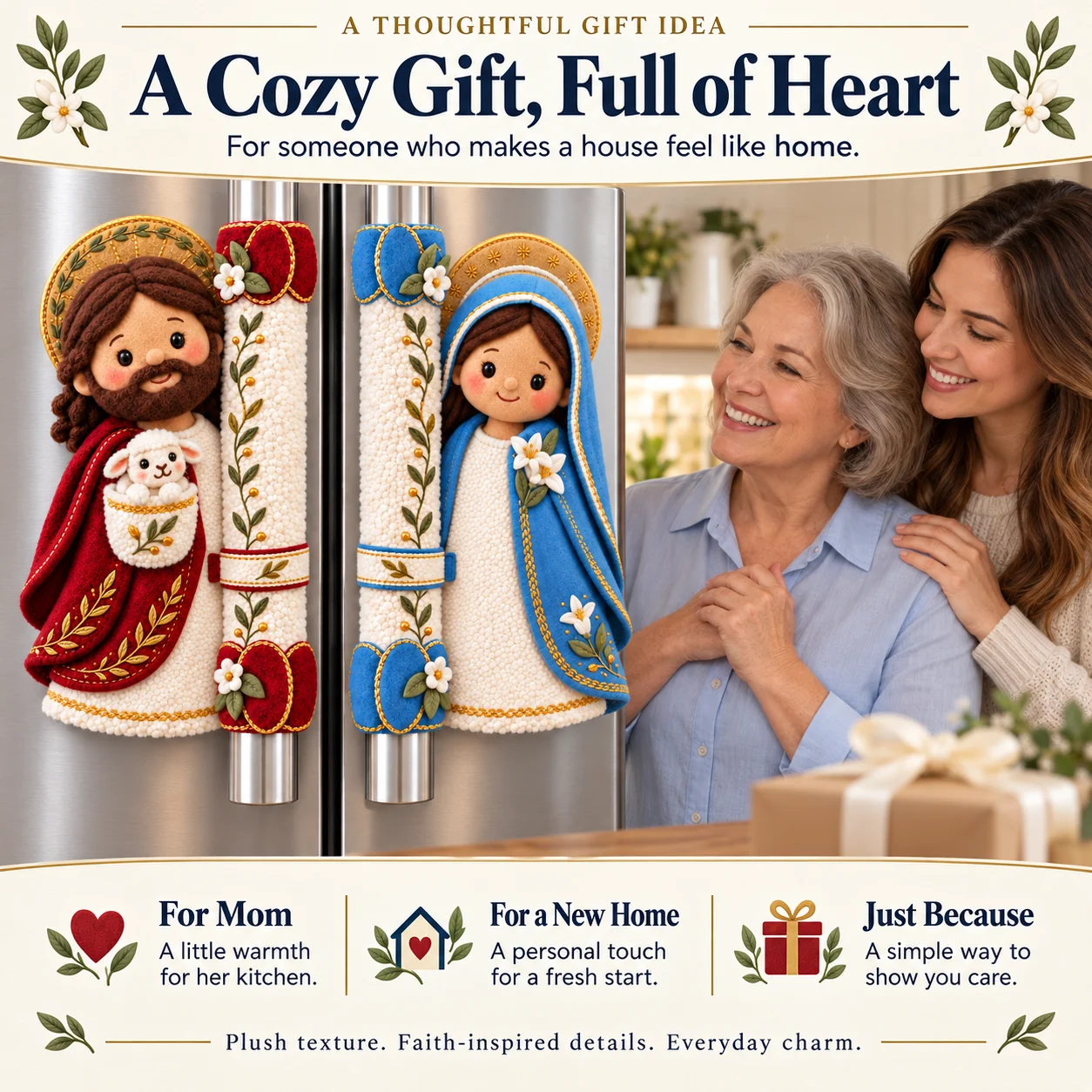 Jesus and Mary handle decor in a gift scene with a mother and daughter