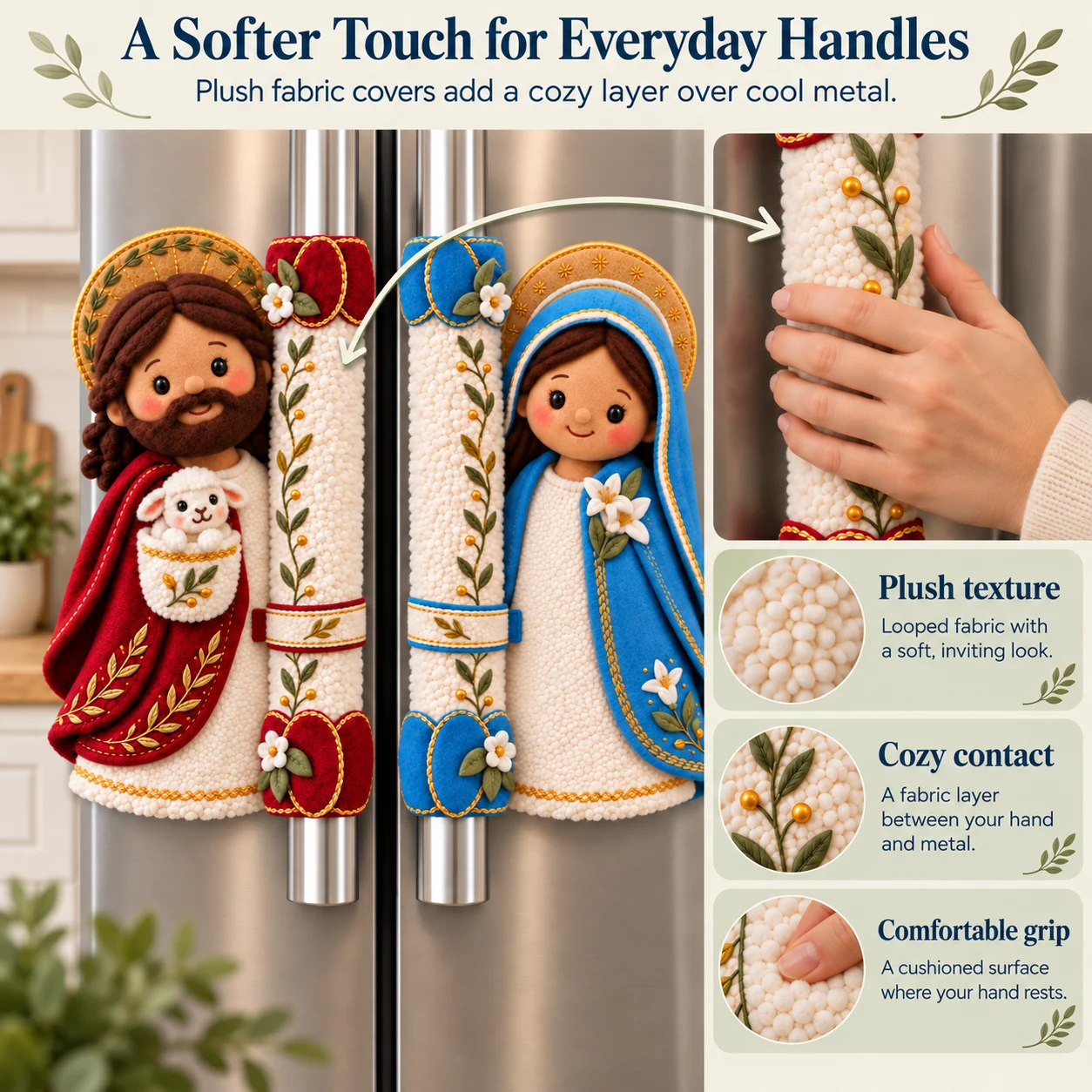 Close-up of the textured ivory handle cover and a hand holding the covered handle