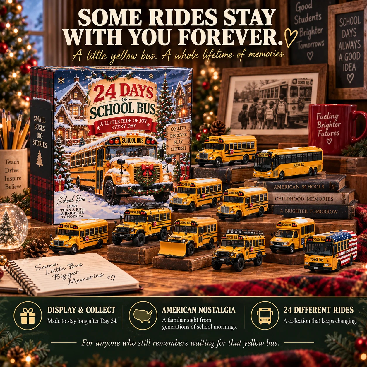 School bus Christmas collection displayed in a nostalgic home setting