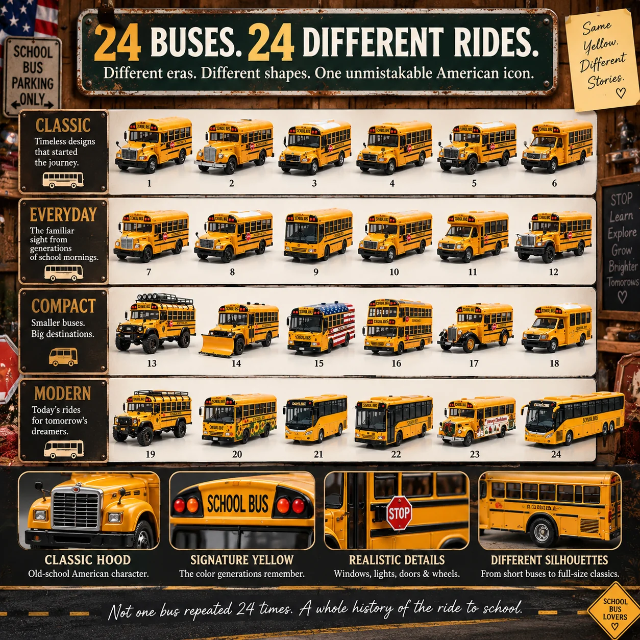 24 different school bus collectible designs