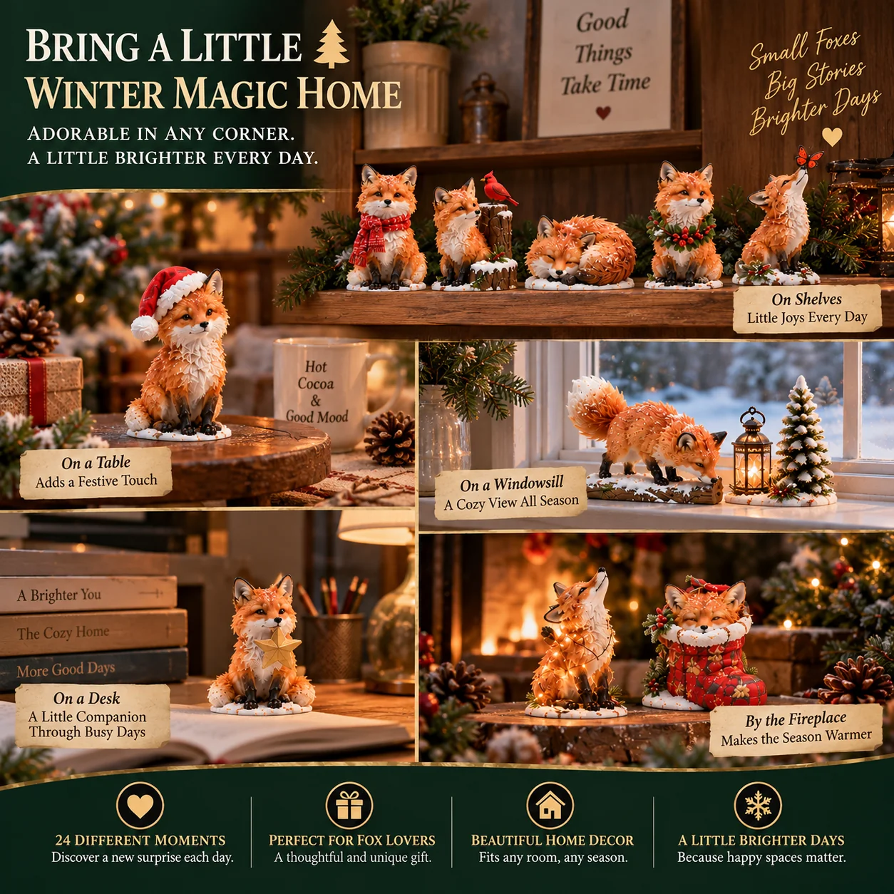 Red fox collection displayed around the home
