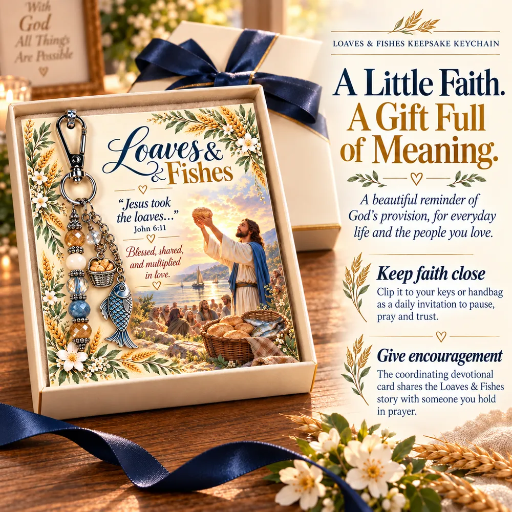 Loaves and Fishes keychain and matching devotional card presented in a gift setting