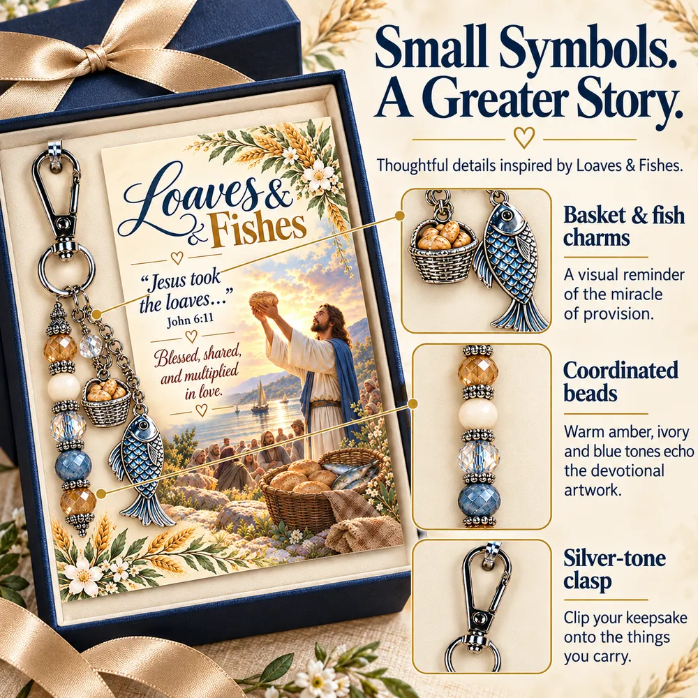 Loaves and Fishes keychain showing basket and fish charms, coordinating beads and silver-tone clasp