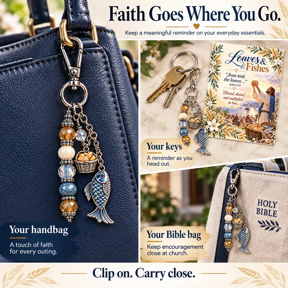 Loaves and Fishes keychain attached to a handbag, keys and a Bible bag