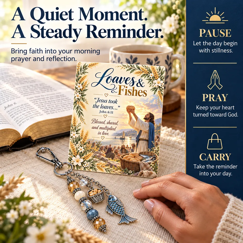 Loaves and Fishes keychain and devotional card beside an open Bible during morning reflection