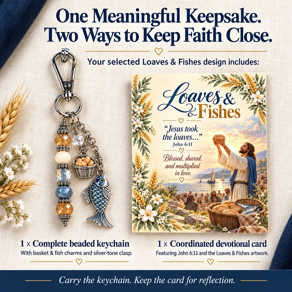 One complete Loaves and Fishes keychain and one coordinating devotional card