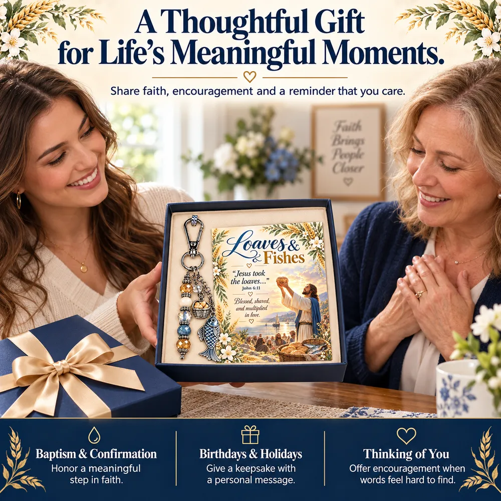 A Christian keepsake keychain and coordinating card presented as a thoughtful gift