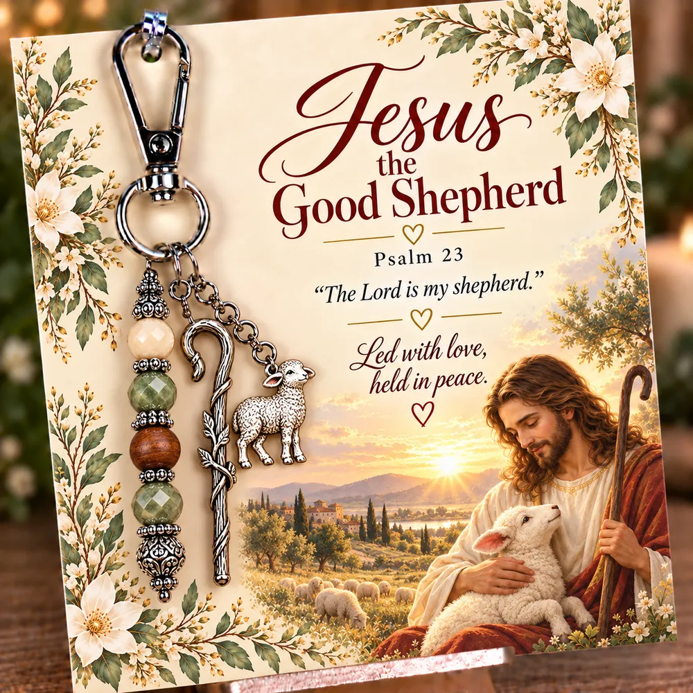 Shepherd keepsake keychain with its coordinating devotional card