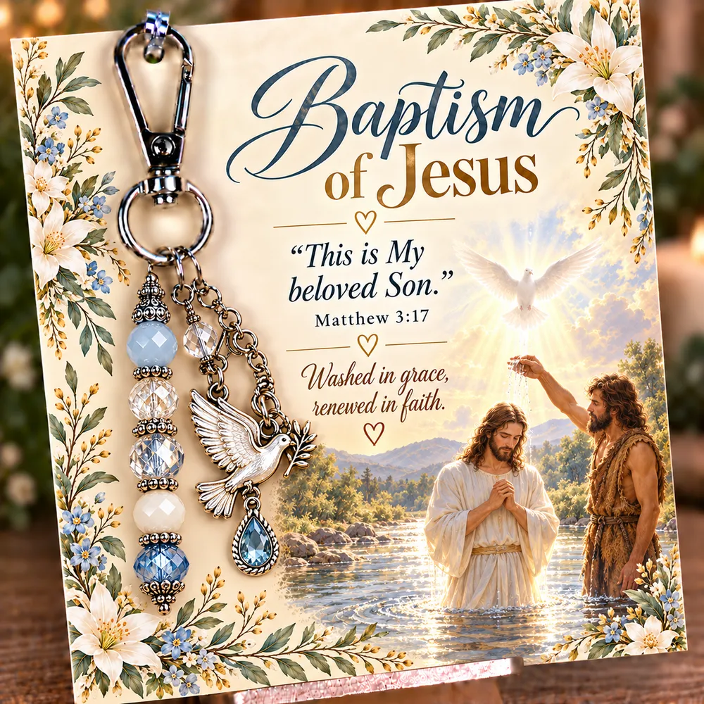 Baptism keepsake keychain with its coordinating devotional card
