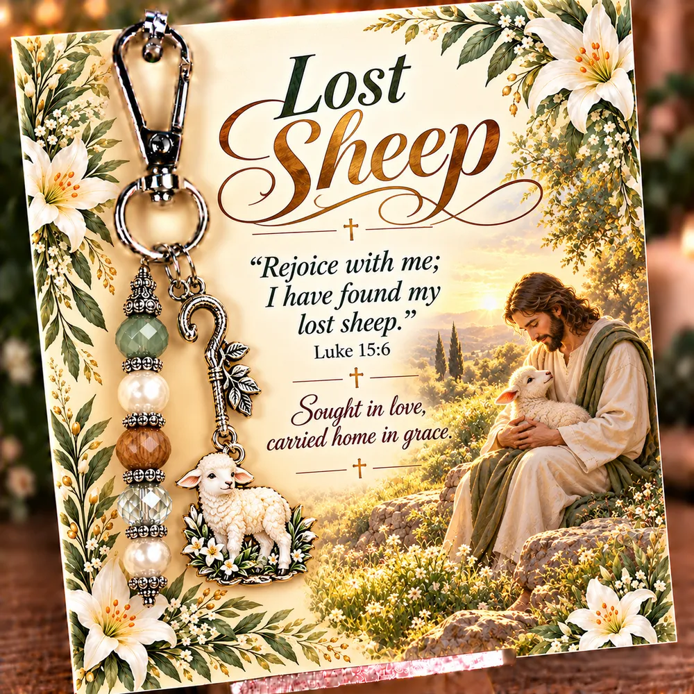 Lost Sheep keepsake keychain with its coordinating devotional card