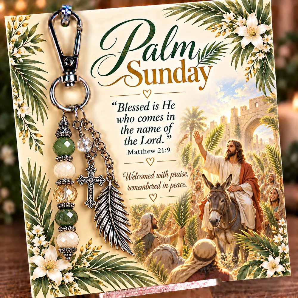 Palm Sunday keepsake keychain with its coordinating devotional card