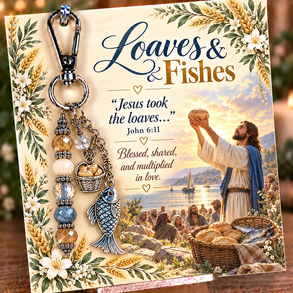 Loaves & Fishes keepsake keychain with its coordinating devotional card