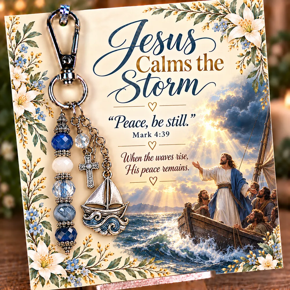 Calms the Storm keepsake keychain with its coordinating devotional card