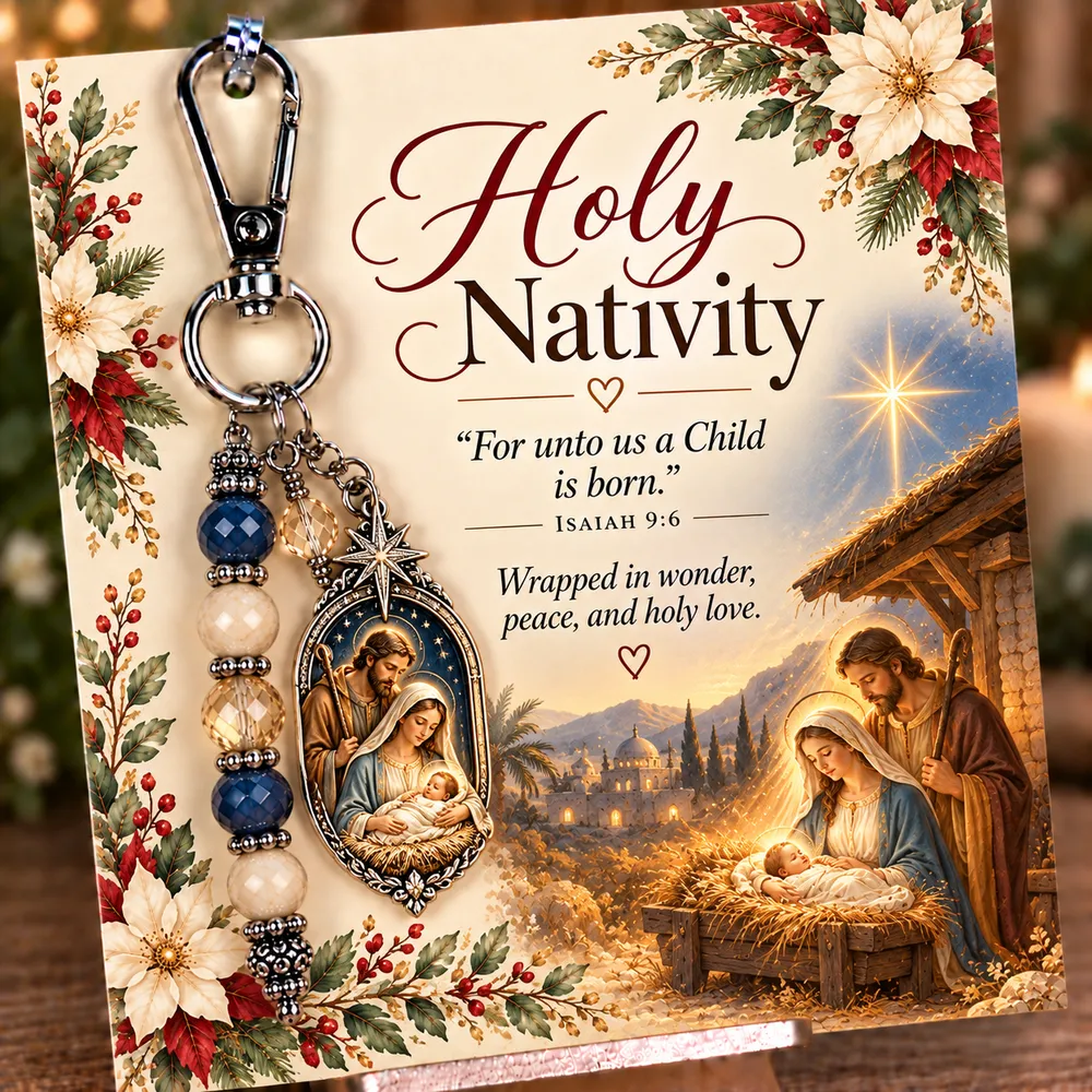 Holy Nativity keepsake keychain with its coordinating devotional card