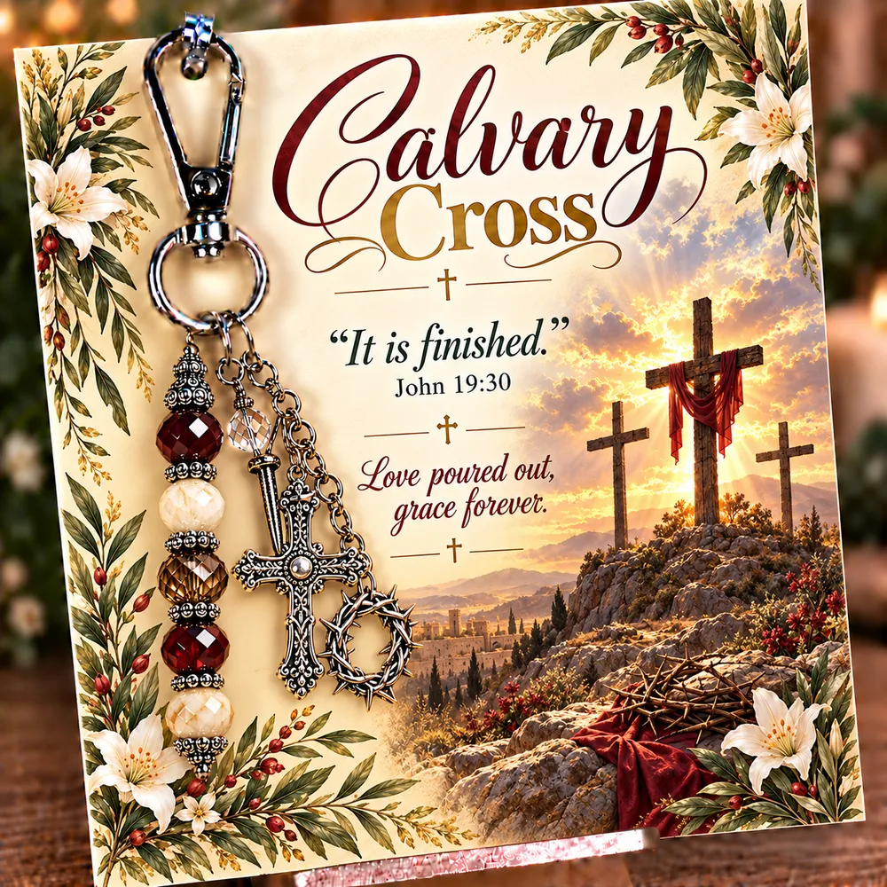Calvary Cross keepsake keychain with its coordinating devotional card