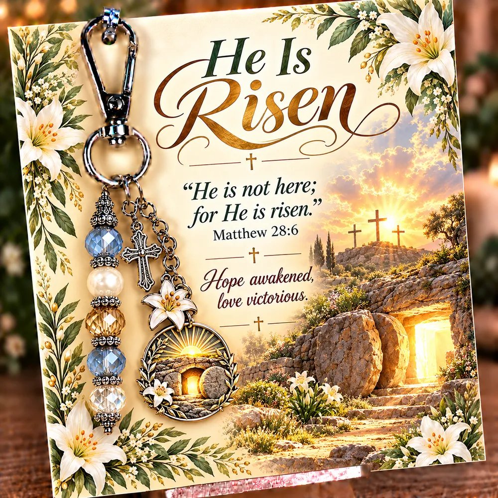 He Is Risen keepsake keychain with its coordinating devotional card