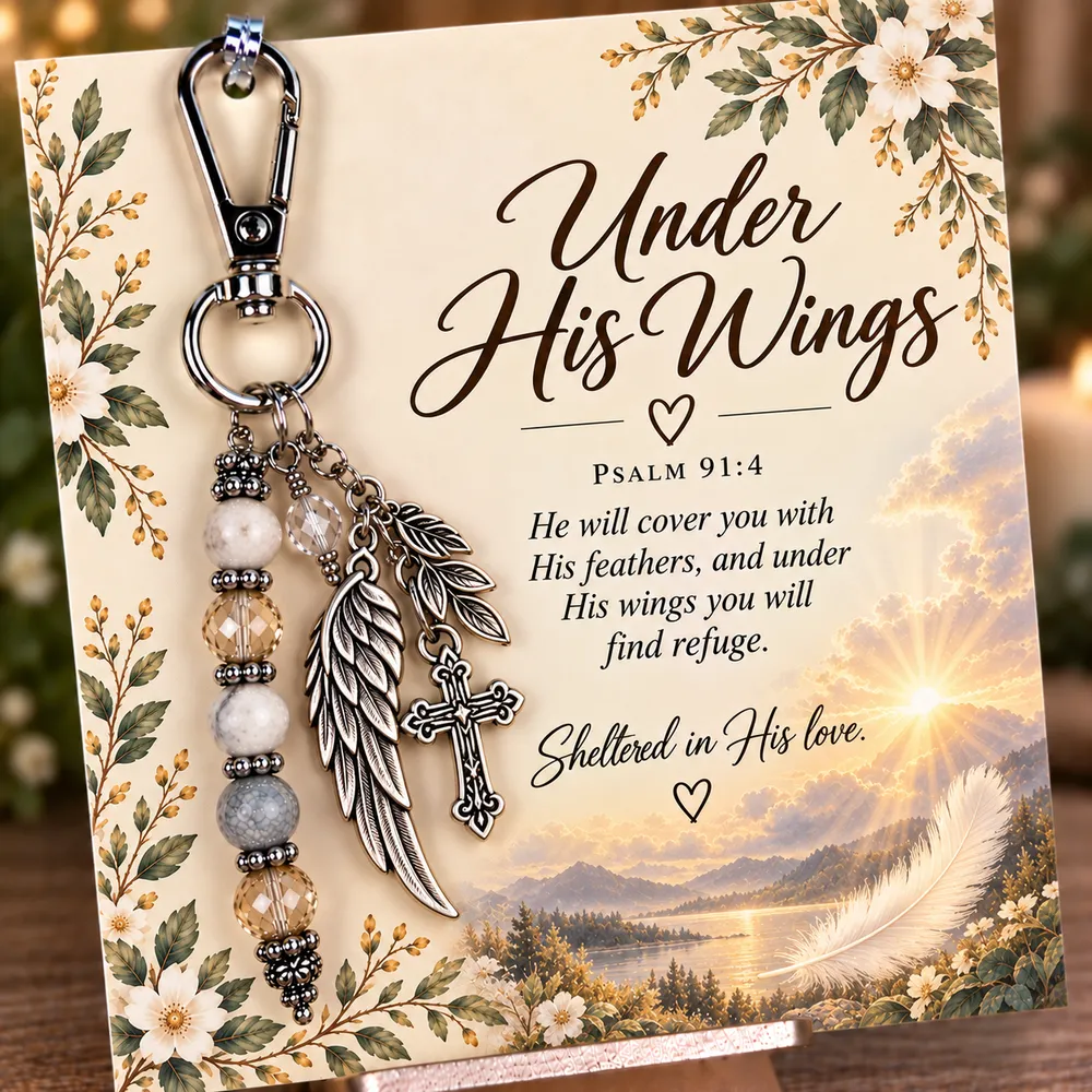 Under His Wings keepsake keychain with its coordinating devotional card