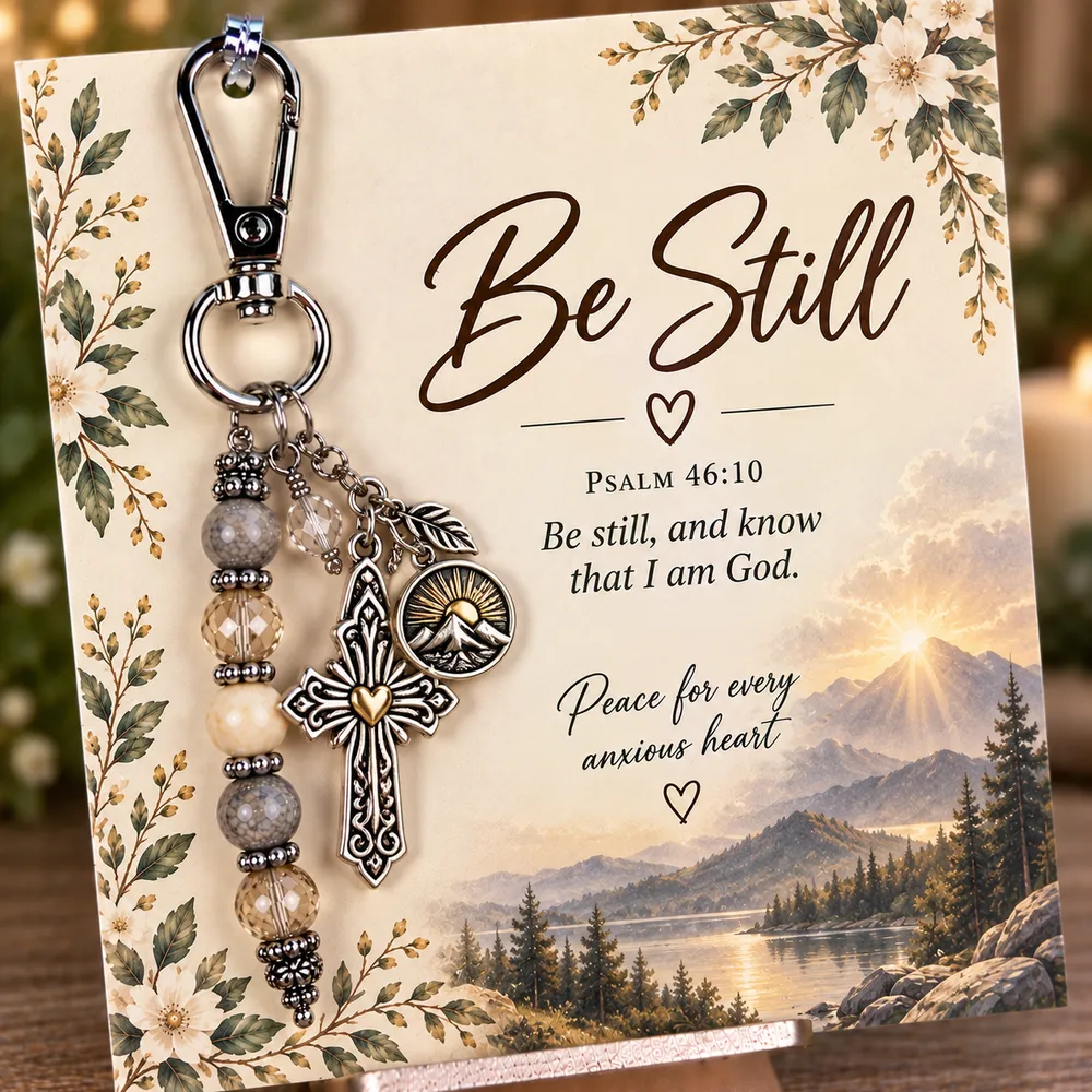 Be Still keepsake keychain with its coordinating devotional card