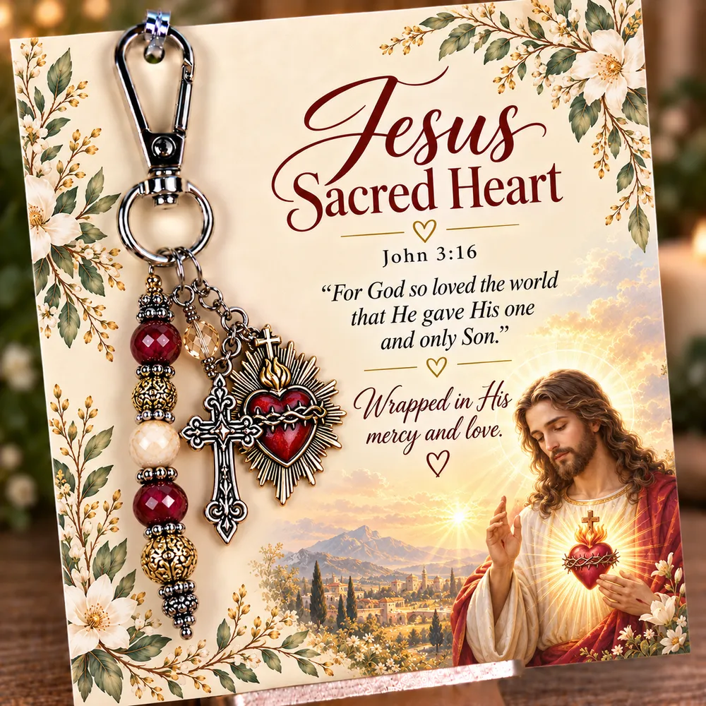 Sacred Heart keepsake keychain with its coordinating devotional card