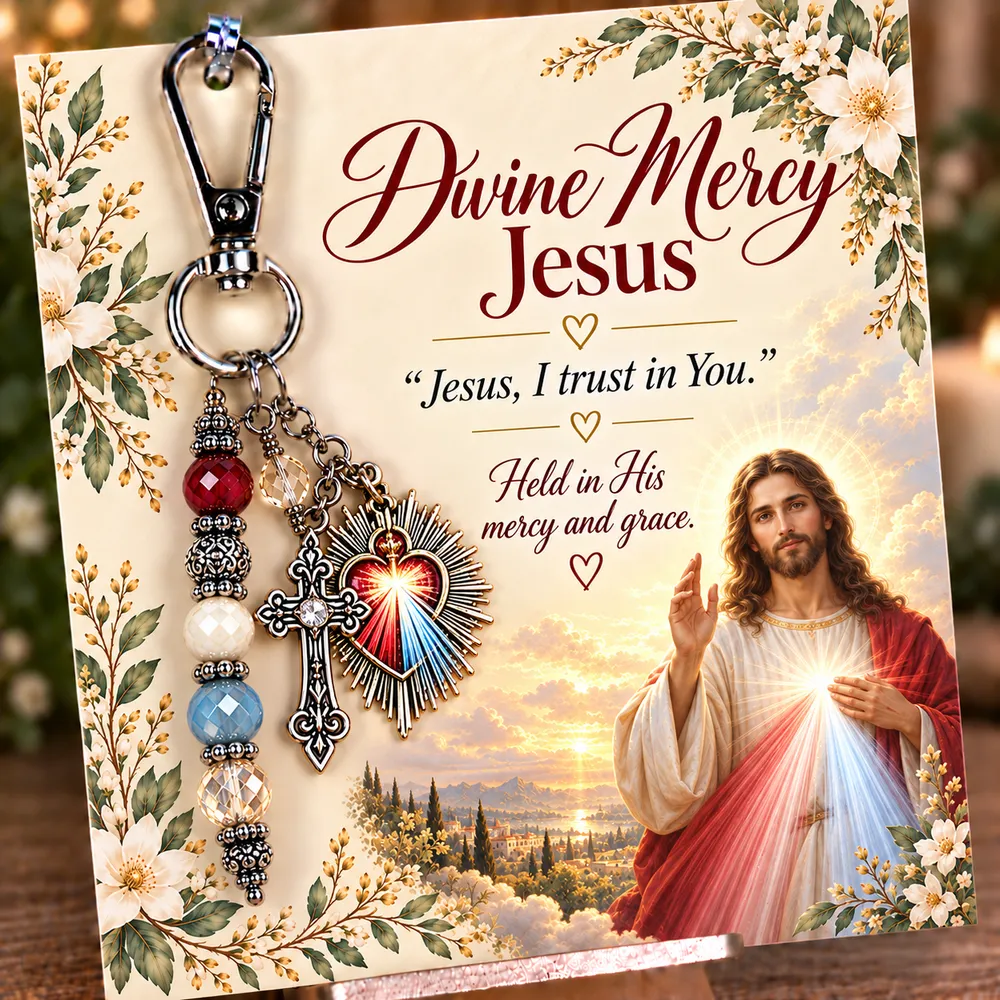 Divine Mercy keepsake keychain with its coordinating devotional card