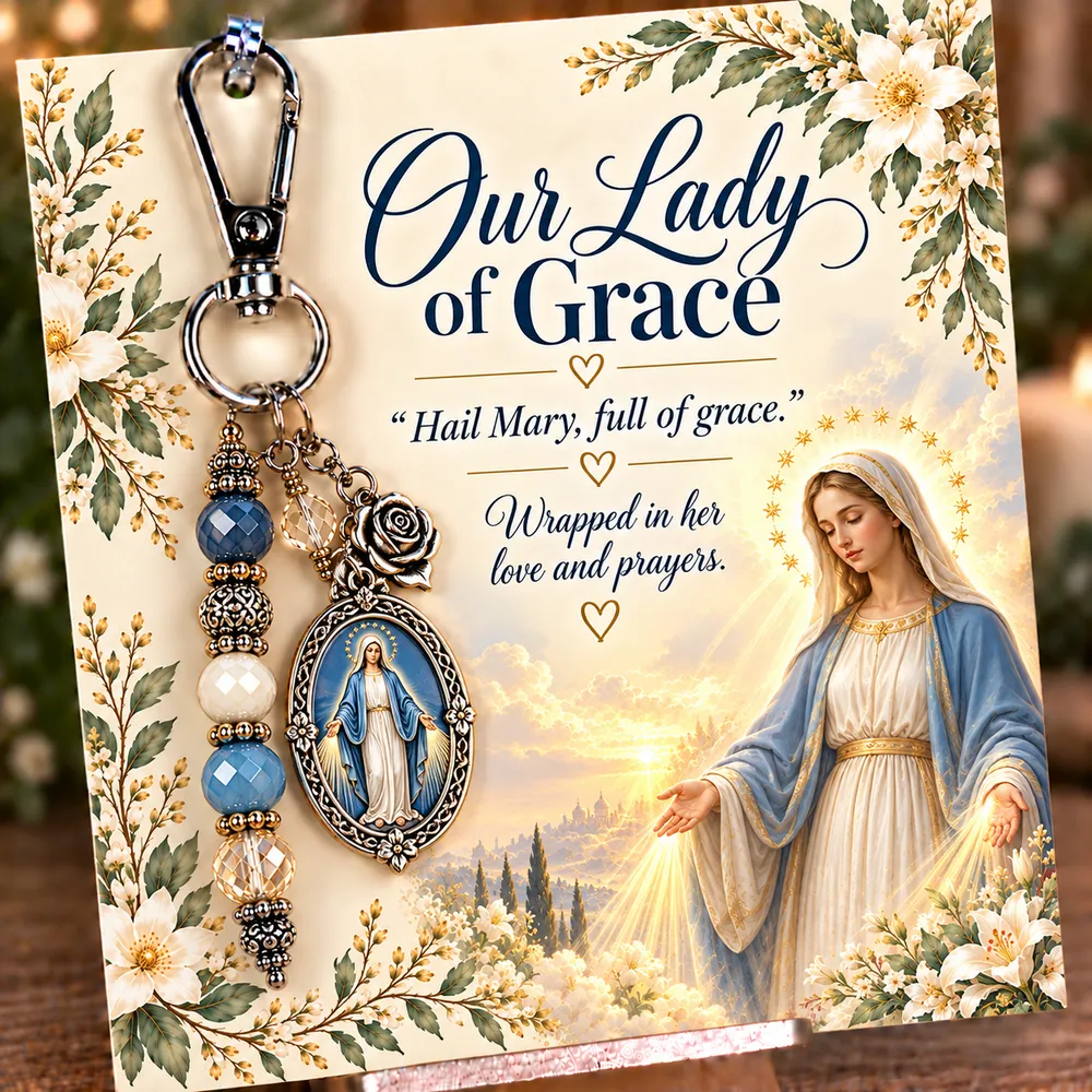 Our Lady of Grace keepsake keychain with its coordinating devotional card