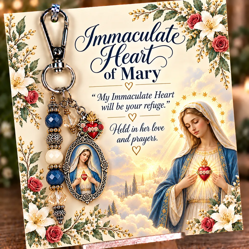 Immaculate Heart of Mary keepsake keychain with its coordinating devotional card