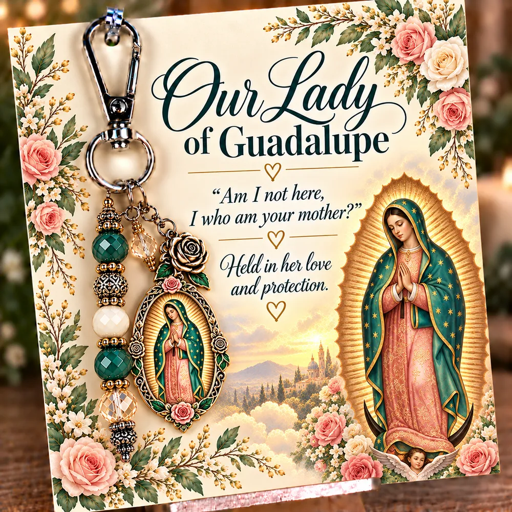 Our Lady of Guadalupe keepsake keychain with its coordinating devotional card