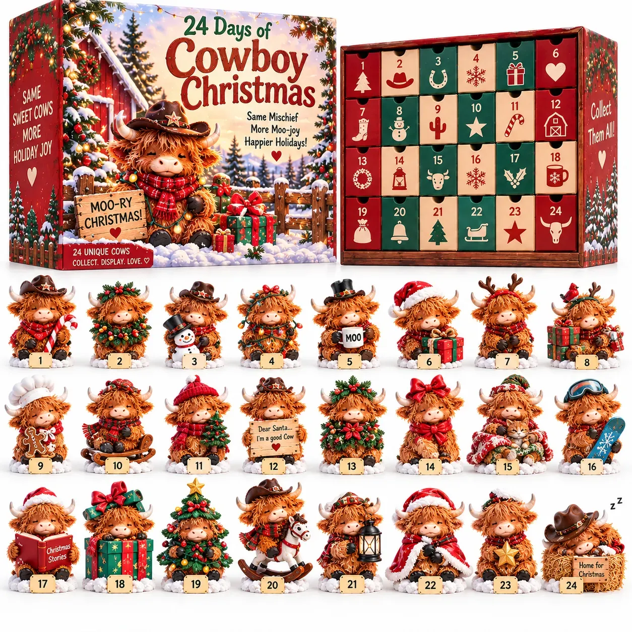 24 unique Highland cow Christmas figures